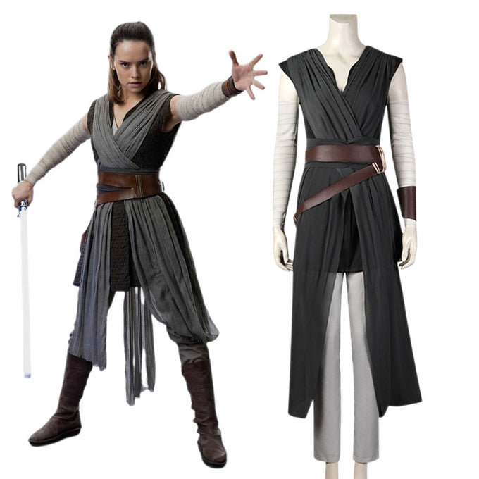 Star Wars The Rise of Skywalker Rey Full Set Cosplay Halloween Costume Black Dress