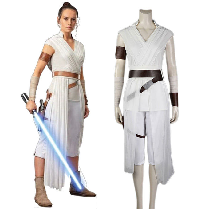 Star Wars The Rise of Skywalker Rey Full Set Cosplay Halloween Costume White Dress