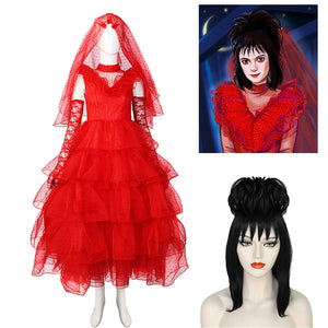 Beetlejuice Lydia Deetz Red Wedding Dress Party Carnival Halloween Cosplay Costume