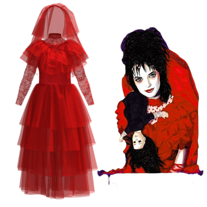 Red Wedding Dress Beetlejuice Lydia Deetz Cosplay Costume for Halloween with Headdress for Women and Kids