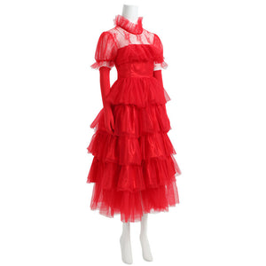 Beetlejuice Lydia Deetz Red Wedding Dress Short Sleeve Party Carnival Halloween Cosplay Costume