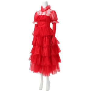 Beetlejuice Lydia Deetz Red Wedding Dress Short Sleeve Party Carnival Halloween Cosplay Costume