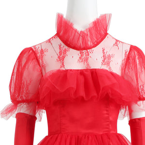 Beetlejuice Lydia Deetz Red Wedding Dress Short Sleeve Party Carnival Halloween Cosplay Costume