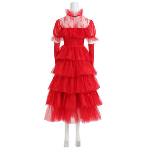 Beetlejuice Lydia Deetz Red Wedding Dress Short Sleeve Party Carnival Halloween Cosplay Costume