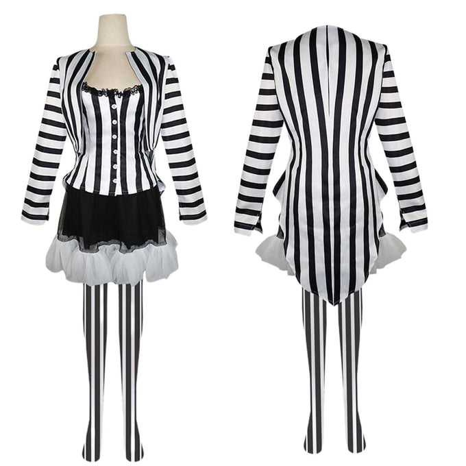 Black and White Vertical Stripes Suit Beetlejuice Lydia Deetz Cosplay Costume for Women and Kids