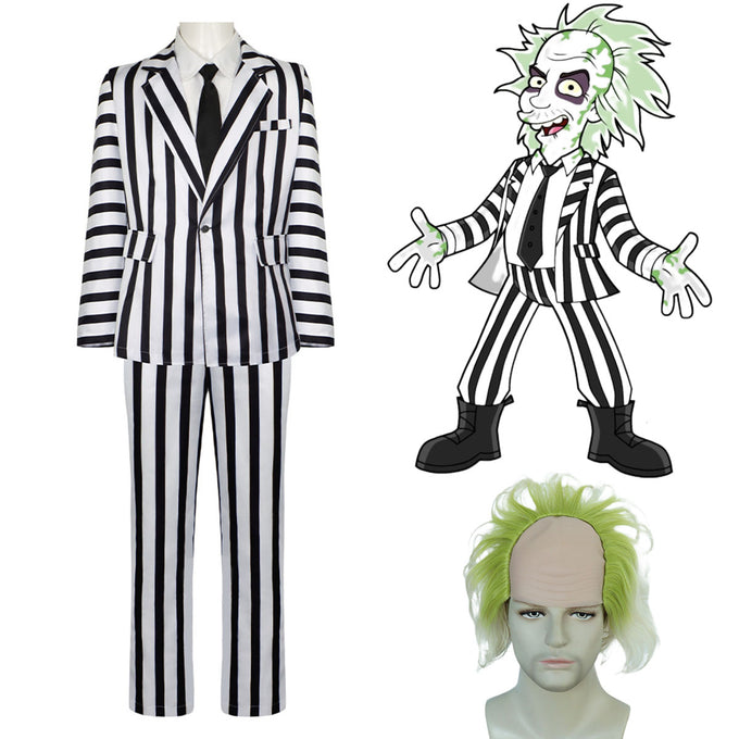 Black and White Vertical Stripes Suit Beetlejuice Lydia Deetz Cosplay Costume for Men and Kids