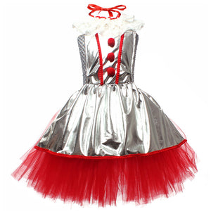 Kids Girl Joker Costume Silver Pennywise Dress with Hair Hoop Set Birthday Party Cosplay Outfit Suit for Halloween