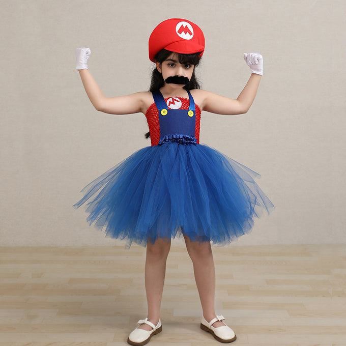 Kids Girl The Super Mario Bros Costume Blue Dress with Hat Set Birthday Party Cosplay Outfit Suit for Halloween