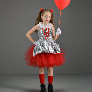 Kids Girl Joker Costume Silver Pennywise Dress with Hair Hoop Set Birthday Party Cosplay Outfit Suit for Halloween