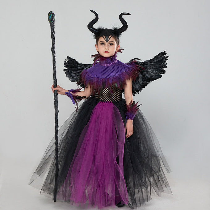 Kids Girl Maleficent Costume Evil Witch Cosplay Set With Cloak and Horn Hat For Halloween Party