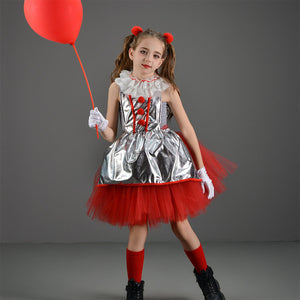 Kids Girl Joker Costume Silver Pennywise Dress with Hair Hoop Set Birthday Party Cosplay Outfit Suit for Halloween