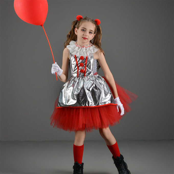 Kids Girl Joker Costume Silver Pennywise Dress with Hair Hoop Set Birthday Party Cosplay Outfit Suit for Halloween