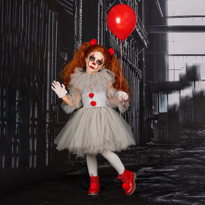 Kids Girl Joker Costume Pennywise Dress with Hair Hoop Set Birthday Party Cosplay Outfit Suit for Halloween