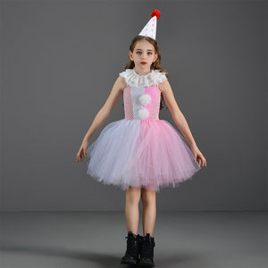 Kids Girl Joker Costume Pink Pennywise Dress with Hair Hoop Set Birthday Party Cosplay Outfit Suit for Halloween