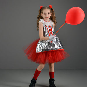 Kids Girl Joker Costume Silver Pennywise Dress with Hair Hoop Set Birthday Party Cosplay Outfit Suit for Halloween