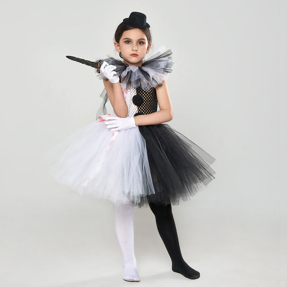 Kids Girl Joker Costume Killer Clowns Cosplay Black And White Dress Set Birthday Party Cosplay Outfit Suit for Halloween