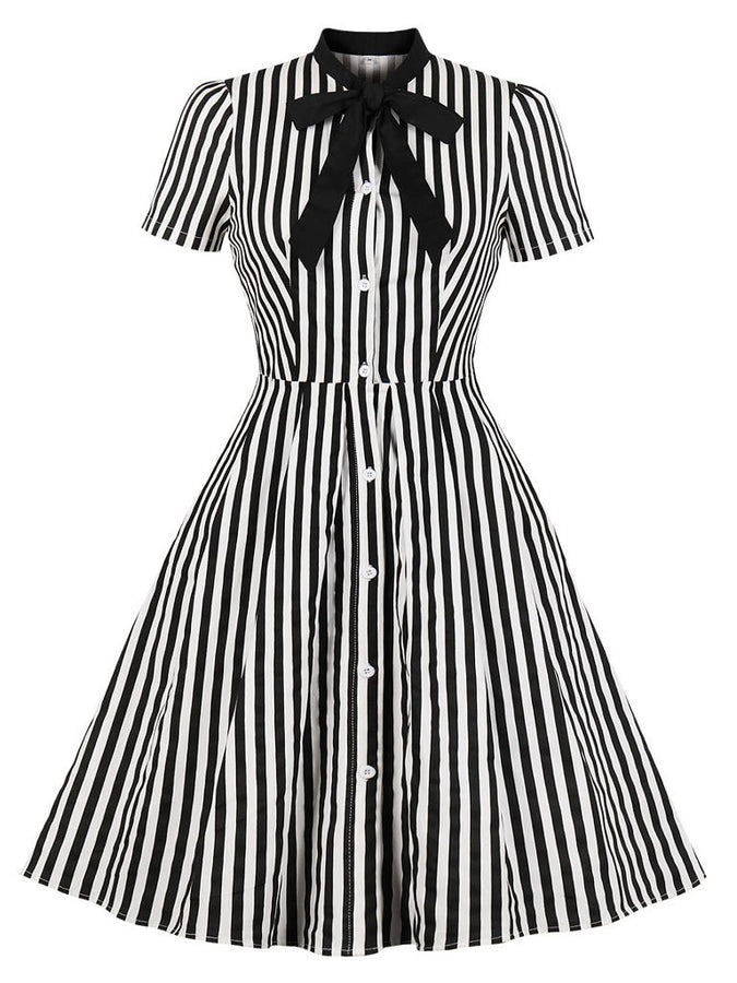 With Pocket Bow Stripe Black 50S Dress